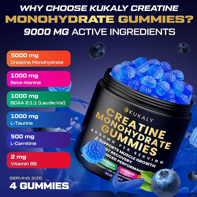 Creatine Monohydrate Gummies for Men &amp Women 9000MG Creatine Gummies Sugar Free with L-Taurine BCAA 2:1 B12 B6 for Boost Strength Focus &amp Endurance Vegan Non-GMO Blueberry 120pcs