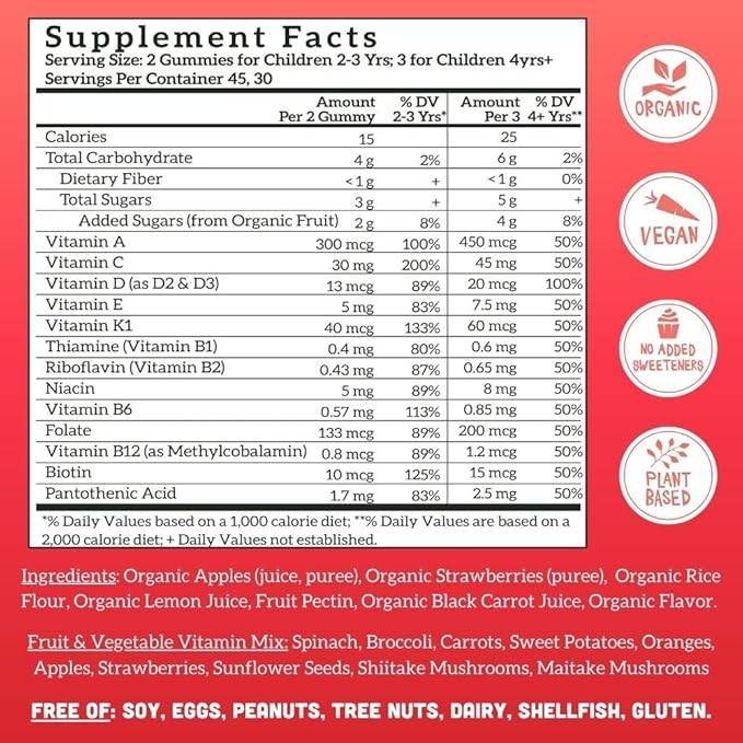 Llama Naturals Real Fruit Multivitamin Gummies | Kids &amp Women's Whole Food-Based Vitamins | No Added Cane Sugar | Organic Vegan Chewable | 90 ct &amp 120 ct | Strawberry