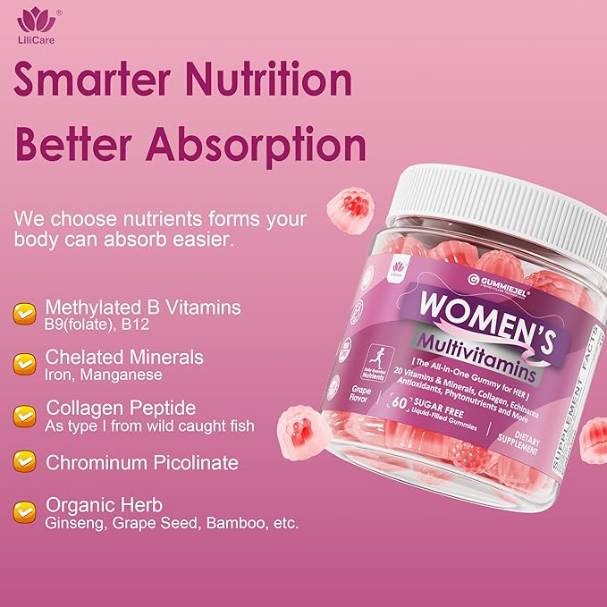 Womens Multivitamin Gummy Methylated Multivitamin for Women Biotin Methylfolate Iron Collagen Vitamins A C D B Complex Antioxidants for Women's Daily Support Beauty Immune No Sugar 60 Cts