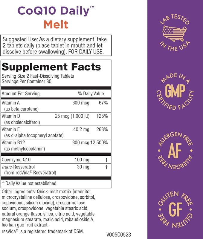 Purity Products CoQ10 Daily with Resveratrol Melt 100mg CoQ10-30mg Trans-Resveratrol - Vitamin A D3 E and B12 (as methylcobalamin) - 60 Fast Dissolving Tablets