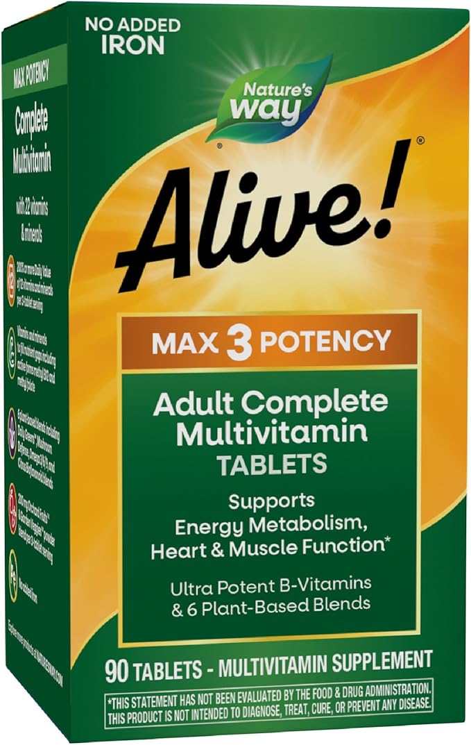 Nature's Way Alive! Max3 Potency Adult Complete Multivitamin High Potency B-Vitamins to Support Cellular Energy Metabolism* Multivitamin with Methylated B12 &amp Folate No Added Iron 90 Tablets