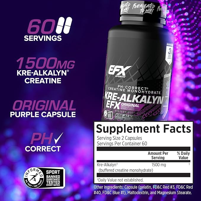EFX Sports Kre-Alkalyn EFX | pH Correct Creatine Monohydrate Pill Supplement | Strength Muscle Growth &amp Performance | 60 Servings 120 Capsules