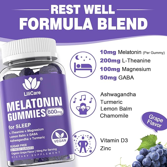 Melatonin Gummies 10mg 20mg for Adults Sugar Free Extra Strength w/ L-Theanine Ashwagandha Magnesium Turmeric GABA Lemon Balm and Chamomile for Healthy Circadian Rhythm Vegan Grape Flavor 60ct