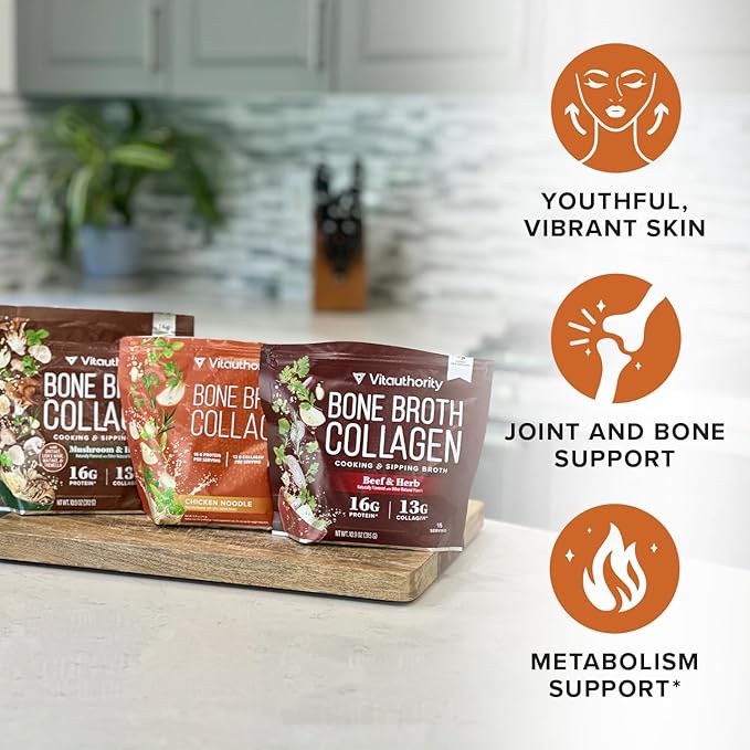 Vitauthority Bone Broth Collagen Delicious Chicken Noodle Flavored - Packed with 16g of Protein &amp Types I II III - Nourishes Skin Hair Nails Joints &amp Gut - Beef BoneBroth