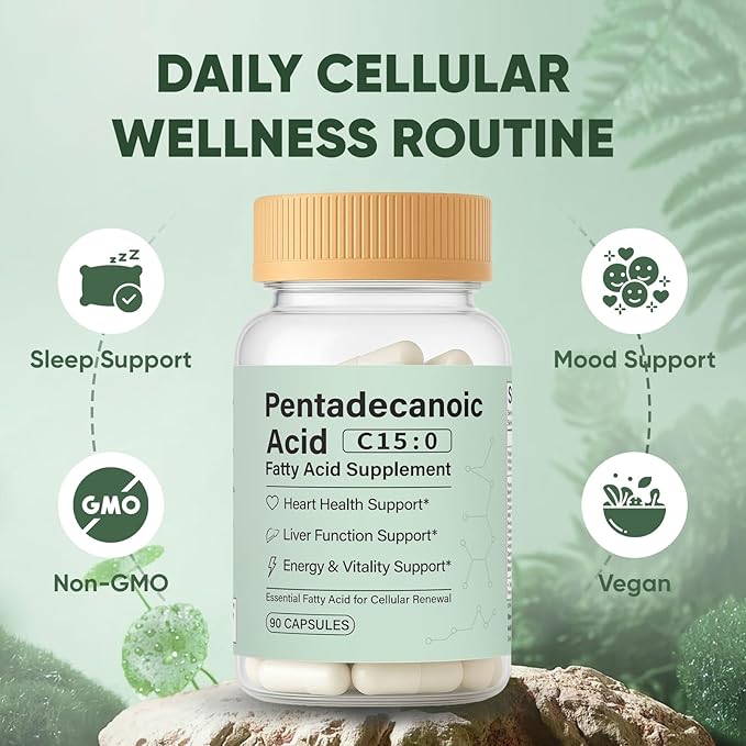 Pentadecanoic Acid C15:0 Fatty Acid Supplement - 3X Omega 3 Fish Oil Healthy Aging Supplement for Gut Health Liver Support 90 Vegan Capsules