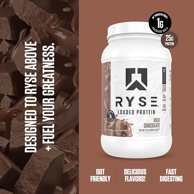 RYSE Loaded Protein Powder - Milk Chocolate - 25g Whey Protein Isolate &amp Concentrate with Prebiotic Fiber &amp MCTs - Low Carb Low Sugar Digestive-Friendly - 27 Servings / 2 lb Tub