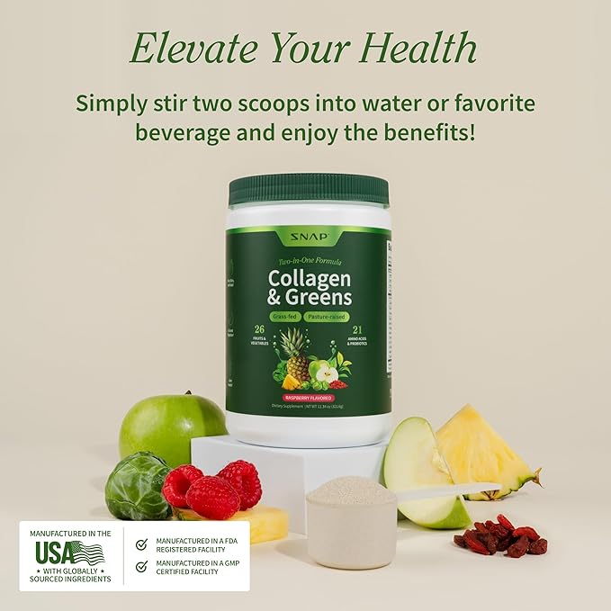 Snap Supplements Super Greens Powder with Collagen Peptides 26 Fruits and Vegetables Grass Fed Non-GMO Daily Greens for Hair Skin Nails &amp Joint Support 11.34 oz (30 Servings 1 Month Supply