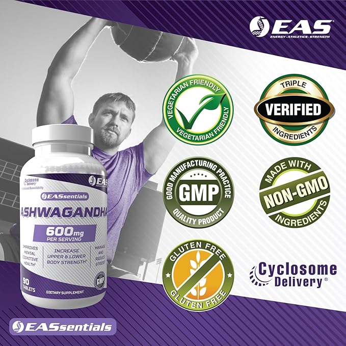 EAS Experimental and Applied Sciences Ashwagandha 600mg | Supports Improved Relaxation &amp Mental Clarity | Strength &amp Muscle Recovery | Better Absorption with Cyclosome Delivery | 90 Tablets