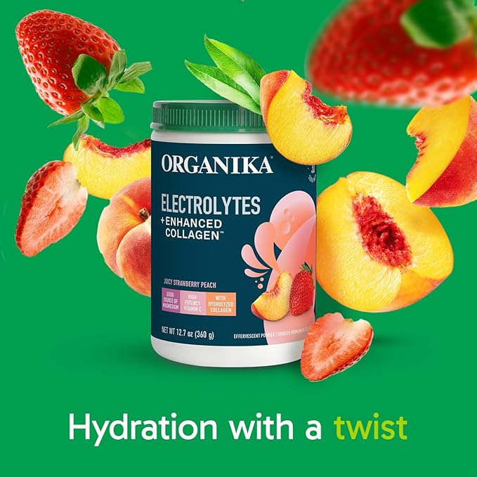 Organikа Electrolytes with Enhanced Collagen Powder for Women &amp Men - 13 oz - Strawberry Peach-Flavored Effervescent Electrolyte &amp Collagen Drink Mix - Deep Hydration Mobility Skin Hair &a