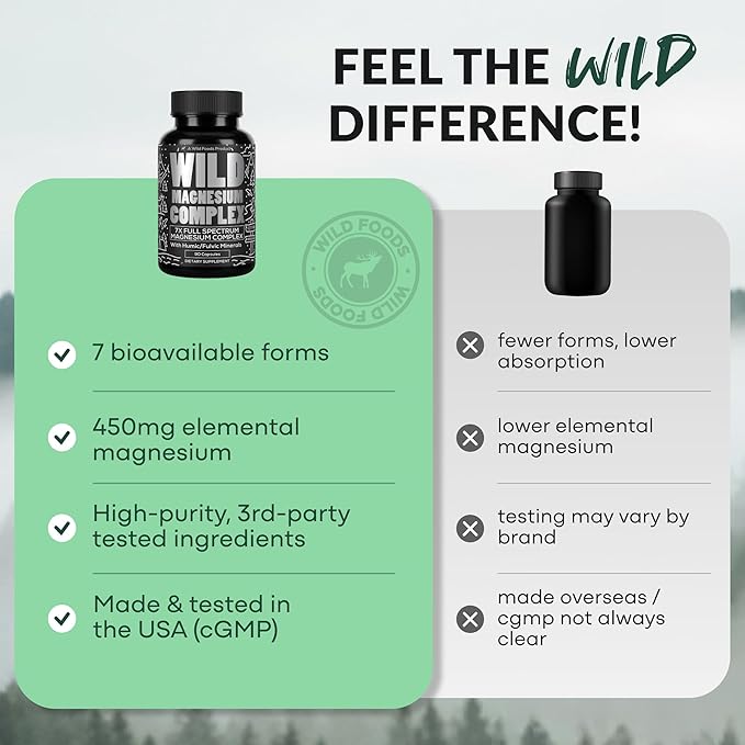 Wild Foods Magnesium Complex Supplement with 7X Forms 90 Capsules | High Absorption Full Spectrum Easy Digestion | 500mg Glycinate Bisglycinate Malate Orotate Citrate Taurate