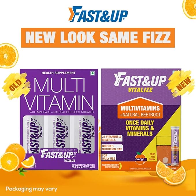 Fast &amp Up Vitalize Multivitamin Supplement - One Daily - 21 Vitamins and Minerals - Natural Beetroot Extract for Men and Women - 60 Effervescent Tablets - Orange Flavour