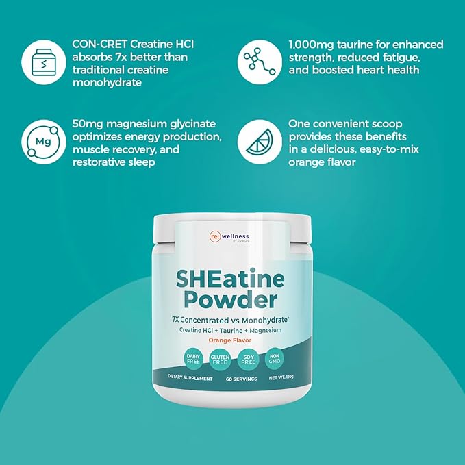 Reignite Wellness by JJ Virgin | SHEatine Powder | Creatine Trifecta for Powerful Aging | Creatine HCL Taurine &amp Magnesium Glycinate | Orange Flavor 60 Servings