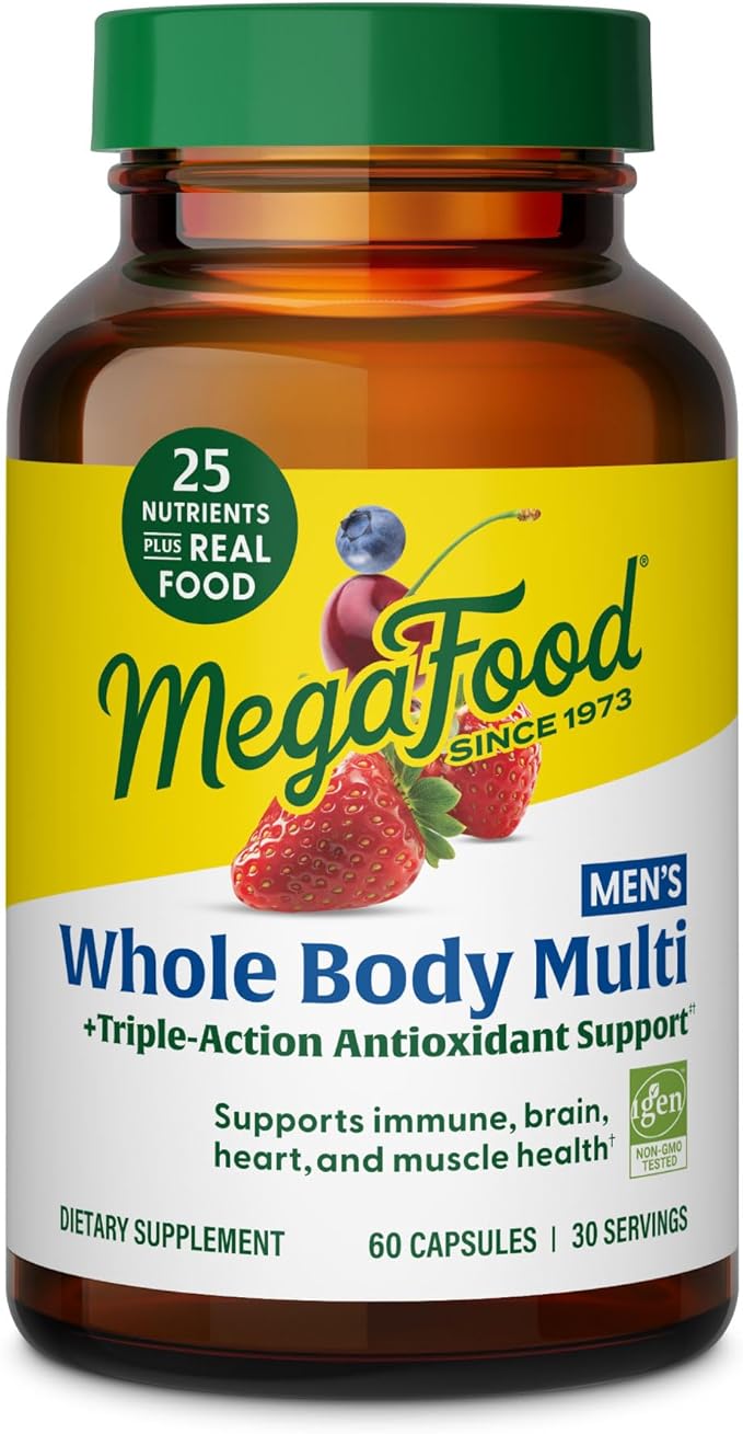 MegaFood Whole Body Mens Multivitamins - Multivitamin for Men - CoQ10 Vitamin D3 K2 Magnesium Citrate Boron &amp Copper - Supports Immune Brain Muscle &amp Heart Health - 60 Capsules 30 Servin