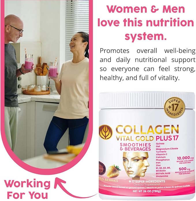 Vital Life Collagen Peptides Powder +17 Super Ingredients 1.6 lb (Pack of 6) Red Berries Flavor Supports Hair Skin Nails Bones Joints &amp Digestive Health Collagen for Women &amp Men.