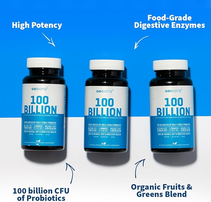 GOBIOTIX 100 Billion - Digestive Enzymes Supplement - Probiotics Multivitamin - Prebiotic Fiber Blend - 100 Billion CFU - Organic Fruit and Greens Blend - Vegan Non GMO - 30 Capsules