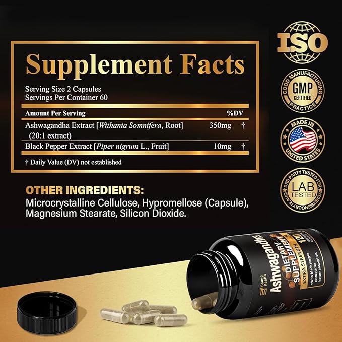 Ashwagandha Capsules Supplements - Ashwagandha Powder for Women &amp Man | Vegan Plant Based Gluten-Free Non-GMO | 120 Capsules (60 Servings)