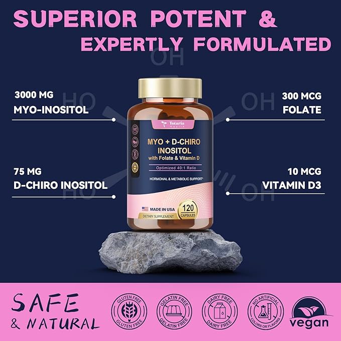 Totaria Inositol Supplement for Women with Vitamin D3 Folate 40:1 Ratio Myo-Inositol &amp D-Chiro Inositol Complex (Vitamin B8) Inositol Capsules Pack of 2