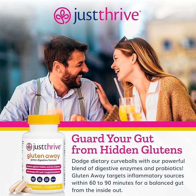 Just Thrive Gluten Away - 30 Servings Digestive Enzymes + Probiotic Support for Gluten Defense - Vegan Gut Health Supplement