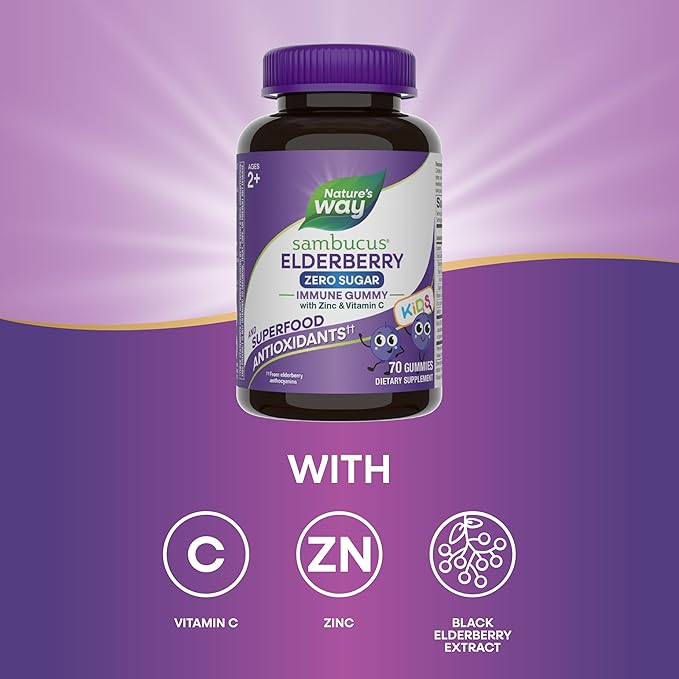 Nature's Way Sambucus Zero Sugar Elderberry Immune Gummies for Kids Immune Support* with Vitamin C Zinc Black Elderberry Extract 70 Count (Packaging May Vary)