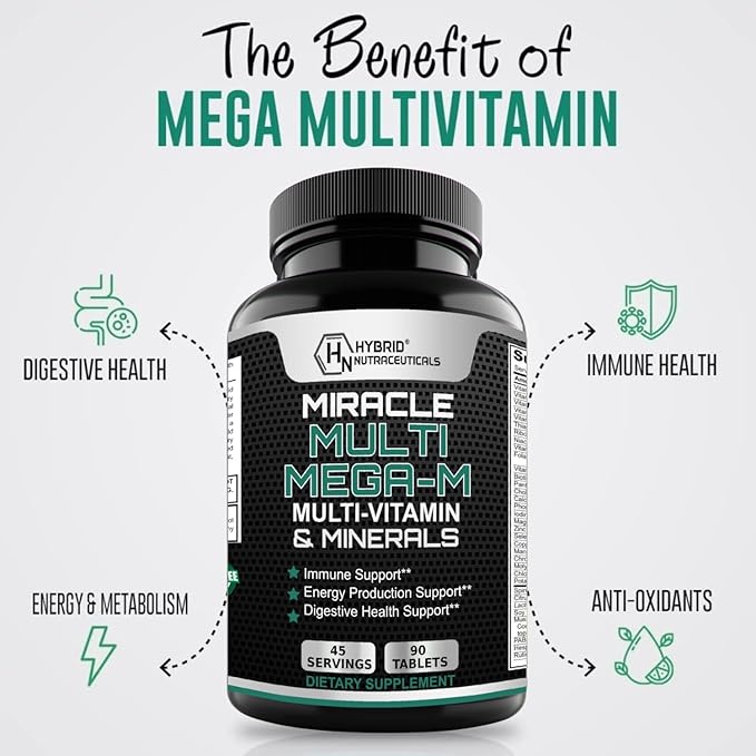 MiracleMulti MEGA-M Multivitamin for Men and Women - Vitamins Minerals Probiotics Enzymes Mushroom Complex Anti-Oxidants Organic Superfood Blend Non-GMO - 180 Tablets
