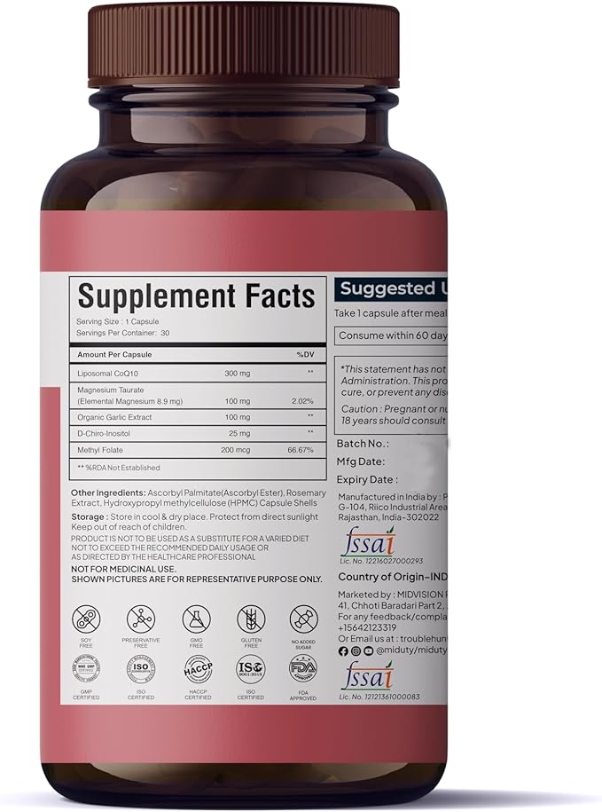 by Palak Notes Liposomal CoQ10 - Coenzyme Q10 (CoQ10) - Organic Garlic Powder Extract - Methyl Folate - Gluten Free - Non-GMO - 30 Capsules