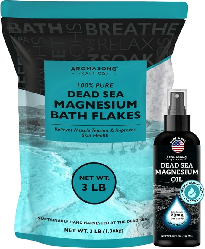 Aromasong Ultimate Magnesium Bundle: 3lb Dead Sea Magnesium Flakes + 100% Pure Dead Sea Magnesium Oil Spray for Relaxation and Wellness