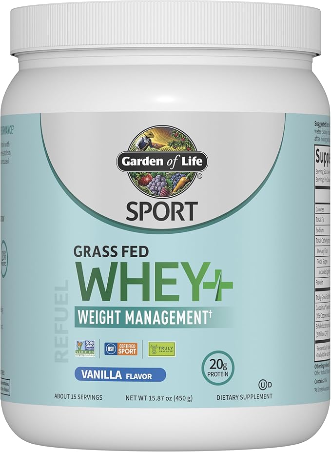 Garden of Life SPORT Whey Plus Weight Management with Amino Energy - 20g of Grass Fed Protein Isolate for Women and Men - Vanilla Powder - With Capsimax 2 Billion CFU Probiotics About 15 Servings