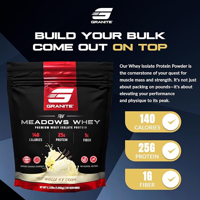 Granite Supplements The Meadows Whey Protein Isolate Protein Powder for Lean Muscle with 150 Calories 2g Fiber 1g Sugar (30 Servings) Vanilla Ice Cream Flavor
