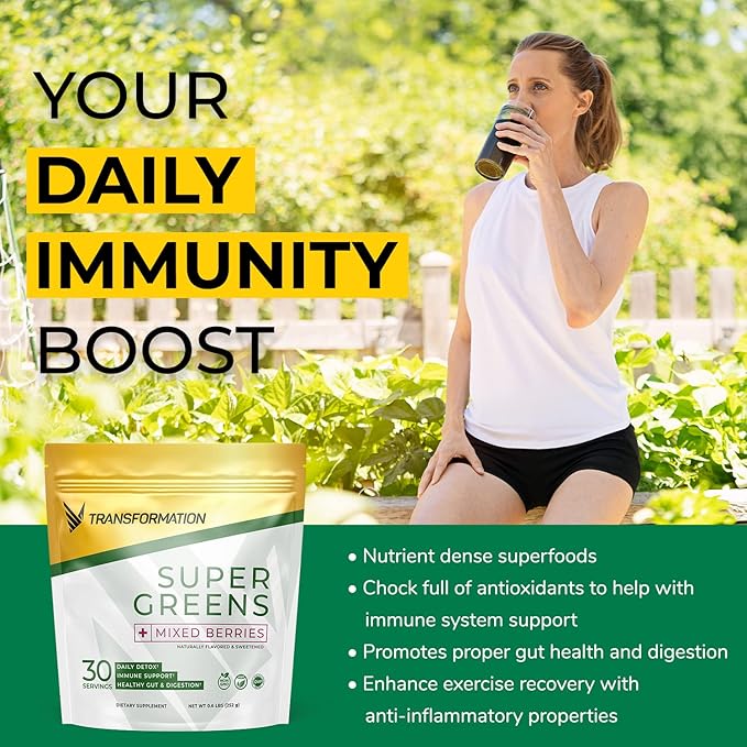 Transformation Super Greens Superfood Green Juice Powder - Immune &amp Energy Support | Natural Ingredients | Detoxifying &amp Alkalizing Minerals - Spirulina Chlorella Wheatgrass Spinach Alfalf