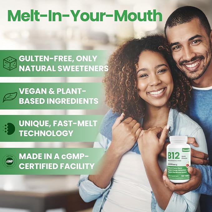 Vitamin B12 Methylcobalamin Sublingual 2500 mcg - with Folic Acid Under Tongue Cherry Flavor for Cellular Energy Support Energy Metabolism Nervous System Health(4-Month Supply)