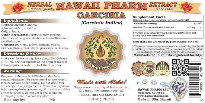 Hawaii Pharm Garcinia Liquid Extract Professional Grade Small Batch Garcinia Indica Dried Fruit Tincture 2x4 oz