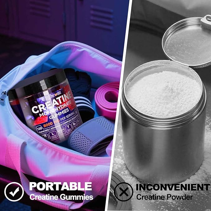 Swing Arm Creatine Monohydrate Gummies 8000 mg for Men &amp Women 120 Creatine Gummies for Muscle Growth Strength &amp Recovery Sugar Free Pre-Workout Supplement - Raspberry &amp Blueberry Flavo