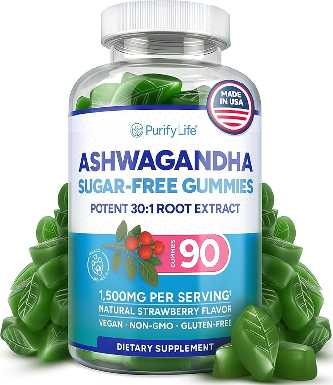 Sugar-Free Ashwagandha Gummies for Stress Sleep &amp Mood Support - High-Potency 30:1 Ashwagandha Supplement Extract - Vegan Adaptogen Supplement for Women &amp Men Natural Flavor Plant-Based 90