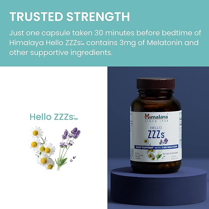 Himalaya Hello ZZZs 60 Day Supply - Herbal Sleep Supplement with Melatonin GABA L-Theanine Lavender Chamomile and Lemon Balm - Vegan Non-GMO Gluten Free 60 Capsules