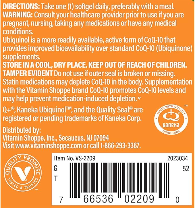 The Vitamin Shoppe Ubiquinol CoQ-10 200mg - Beneficial for Those Taking Statins – Supports Heart &amp Cellular Health and Healthy Energy Production Essential Antioxidant – Once Daily (60 Softgels)