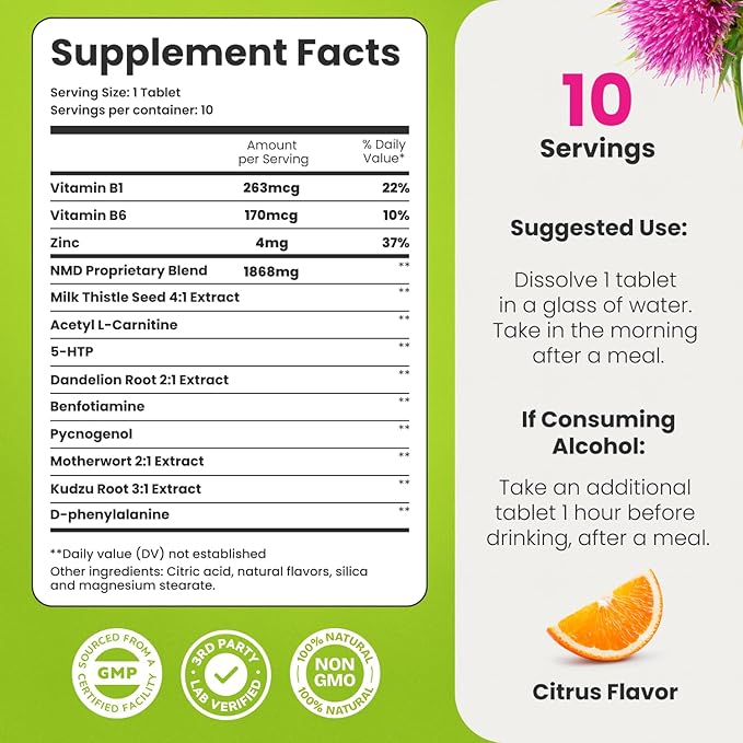 NoMoreDrinks Anti Alcohol Craving Supplement | Liver Detox &amp Combat Cravings | Energy Support Alcohol Replacement Drink | Organic Milk Thistle Supplement &amp Dandelion Root &amp 5HTP | (10) Ene
