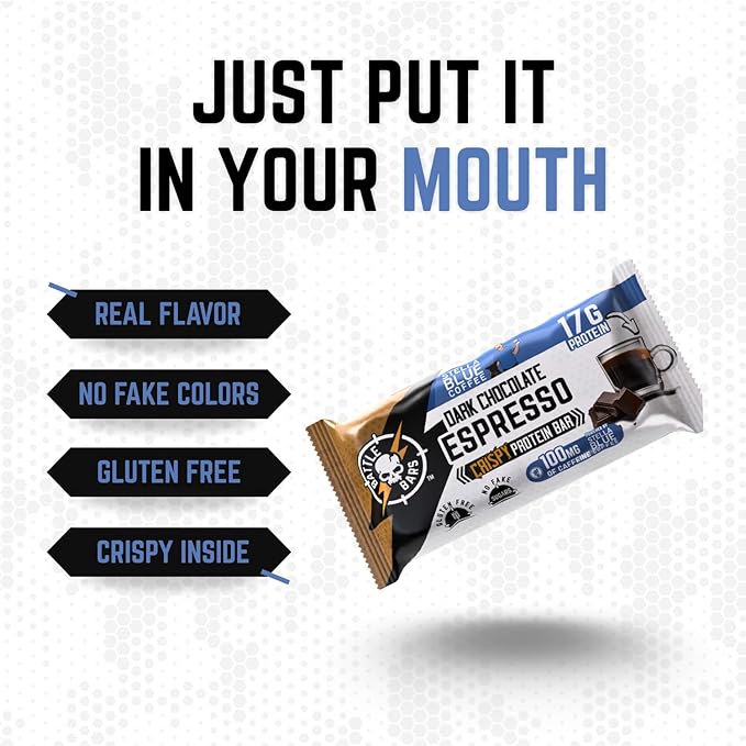 Battle Bars Crispy Protein Bar 17g Protein 100g Caffeine per serving - Gluten Free No Artificial Flavors or Colors - Veteran Founded - Dark Chocolate Espresso (60g) 12 Count