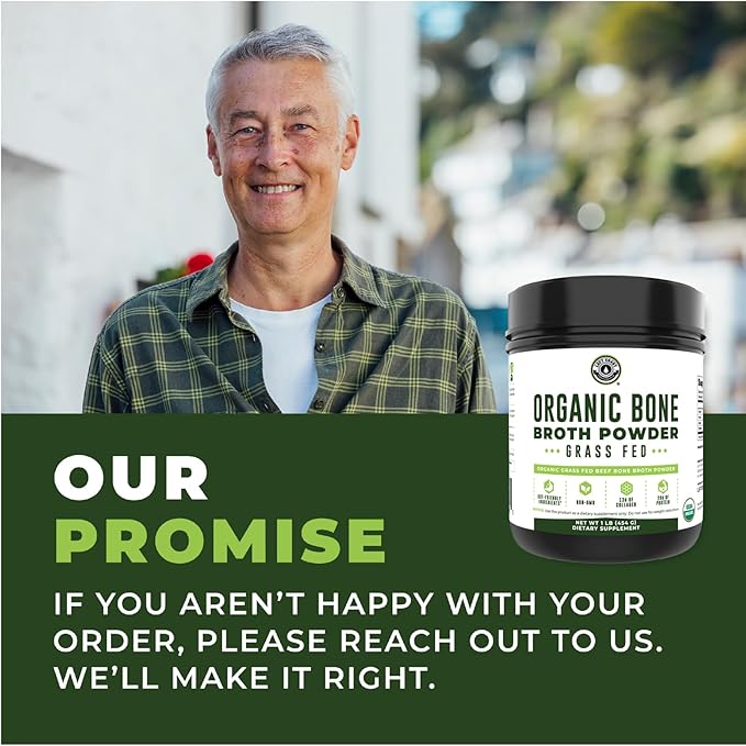 16oz Organic Bone Broth Protein Powder from Grass Fed Beef - USDA Certified Organic Single Ingredient Rich in Collagen Glucosamine No Additives Perfect for Carnivore Paleo and Keto Diets