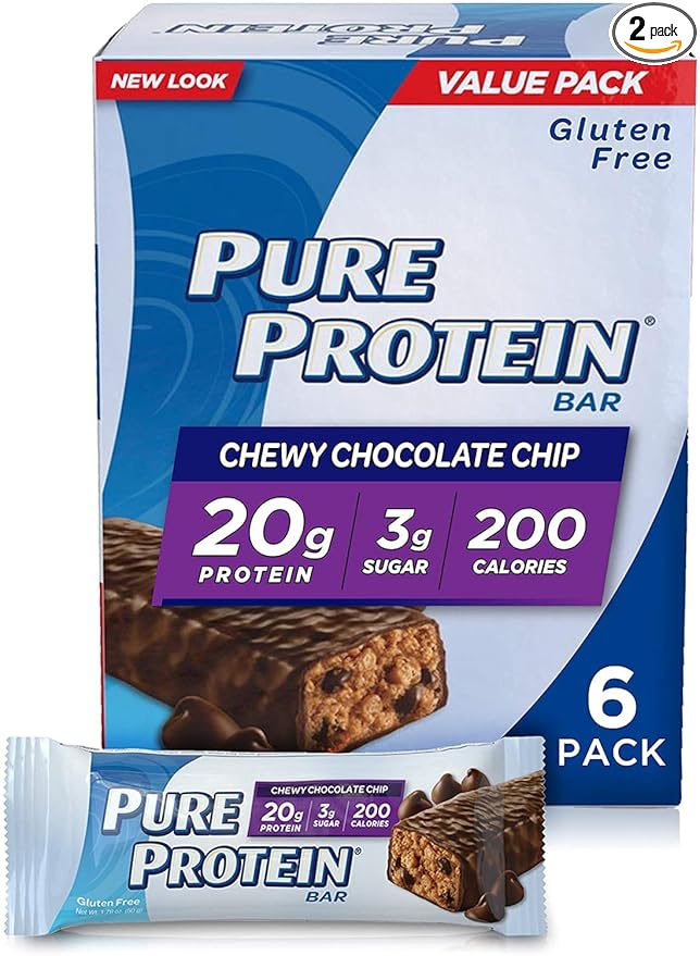 Pure Protein Bars High Protein Nutritious Snacks to Support Energy Low Sugar Gluten Free Chewy Chocolate Chip 1.76oz 6 Count (Pack of 2)