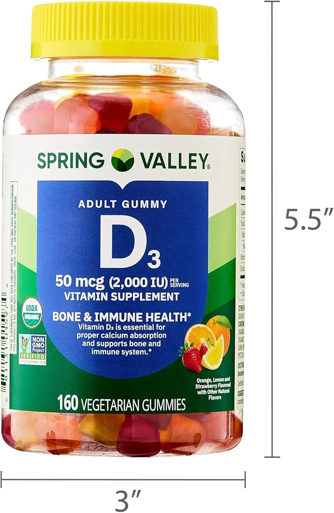 Spring Valley Vitamin D3 50mcg (2000 IU) - 160 Gummies - Bone &amp Immune Support - Assorted Fruit Flavors with SUREFECT Organizer.
