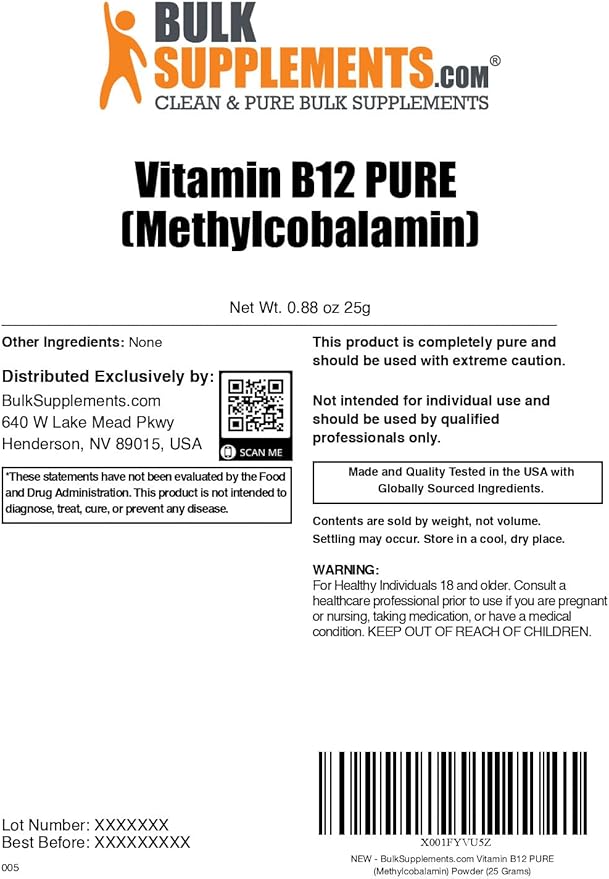 BulkSupplements.com Pure Vitamin B12 Methylcobalamin Powder - Vitamin B12 Supplements - Pure Product Multiple Servings 25g (0.88 oz) (Pack of 1)