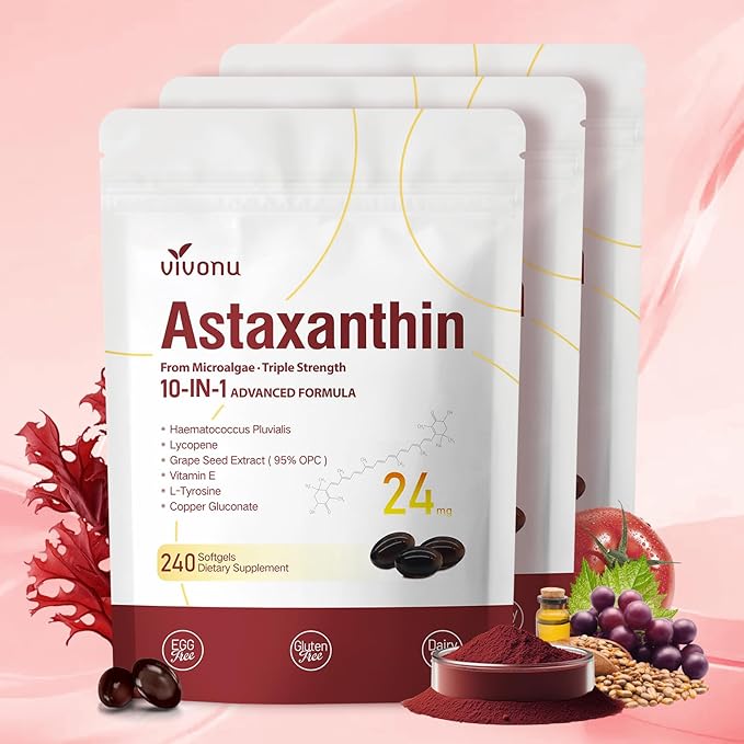 10 in 1 Astaxanthin Supplements 24mg 12 Month Supply Astaxantina Antioxidant from Haematococcus Pluvialis Contains Lycopene Grape Seed Vitamin E &amp More Supports Eye Joints Skin Health 3 B