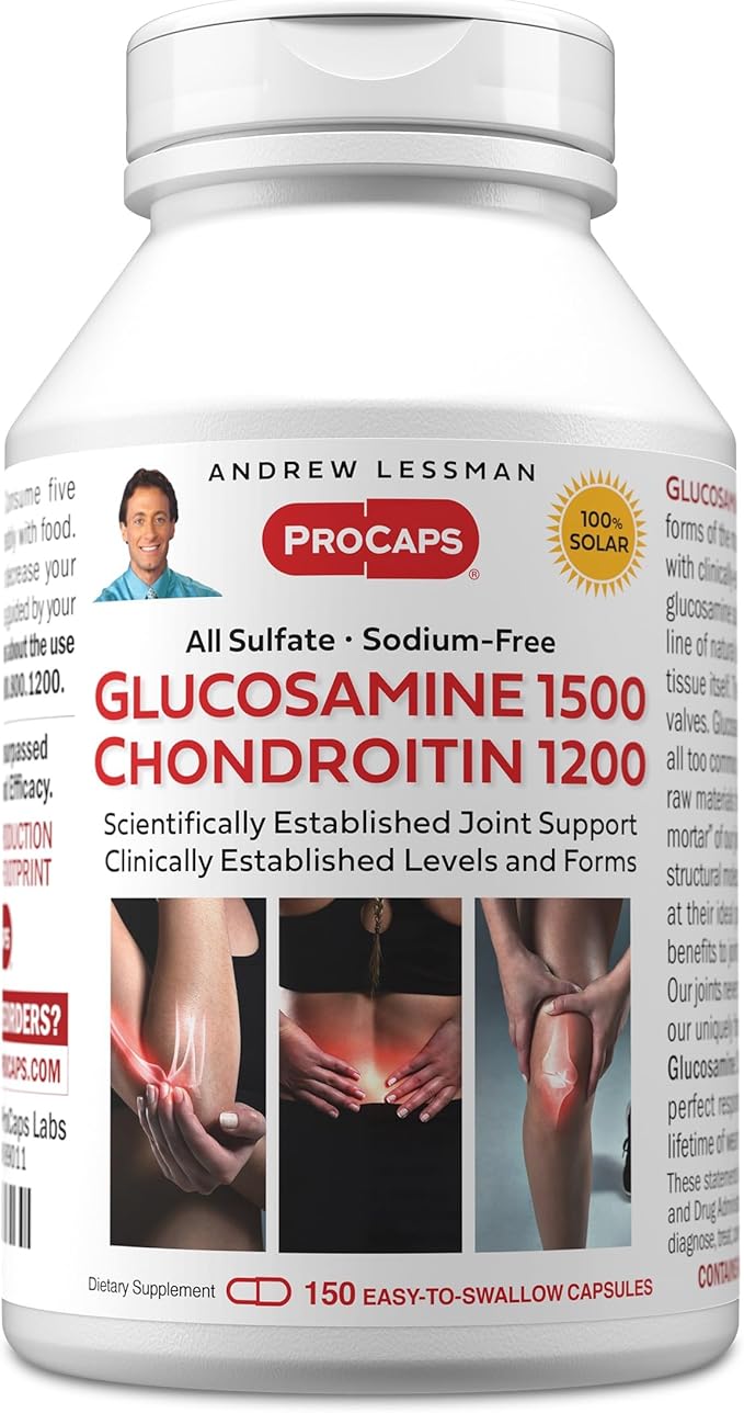 ANDREW LESSMAN Glucosamine 1500 Chondroitin 1200mg - 150 Capsules - 100% Sulfate Form Research Established Ingredients and Levels for Support of Healthy Joint Tissue. Small Easy to Swallow Capsules