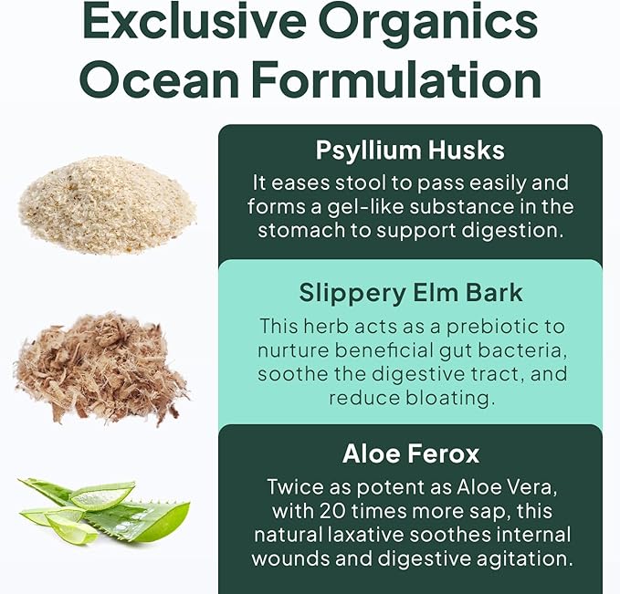 Organics Ocean Better Fiber - Daily Fiber Supplement - Soften Stool for Effortless Bowel Movements - with Psyllium Hulk and Slippery Elm - 90 Capsules