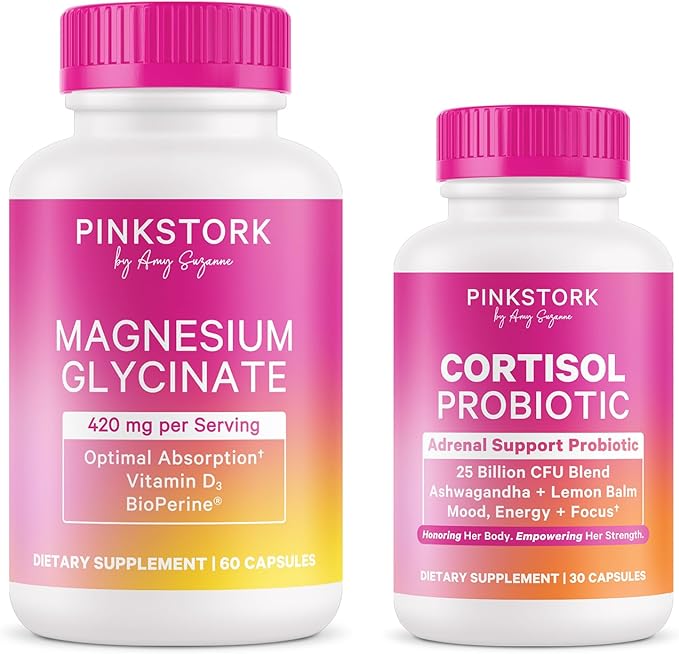 Pink Stork Magnesium Glycinate + Cortisol Probiotic Bundle for Stress Gut Health Energy Focus