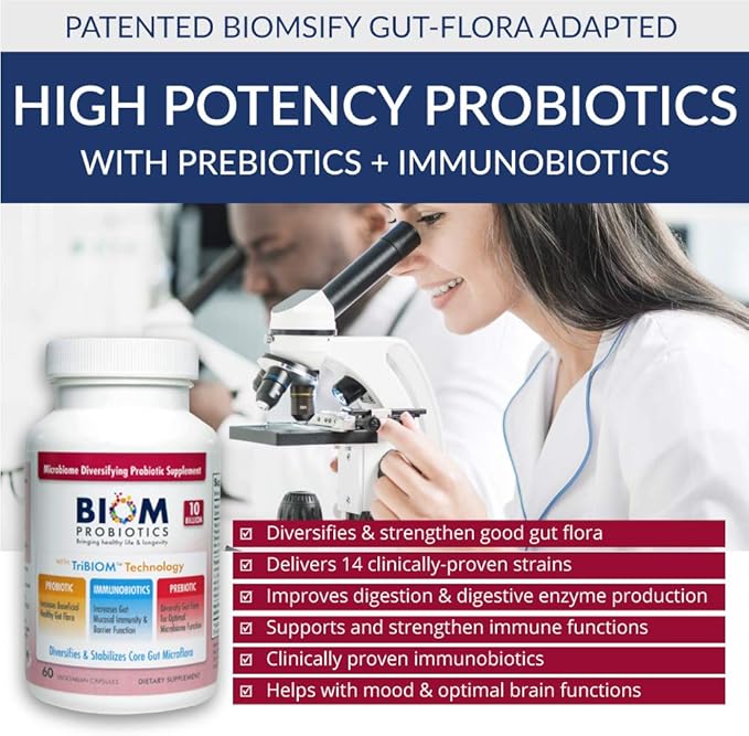 Biom Probiotics 3-in-1 Formula (Cold Shipped) with 10 Billion Flora Probiotics Prebiotics and Immunobiotics for Healthy Life &amp Longevity - Diversifies Gut Microflora and Microbiome - for Men &amp