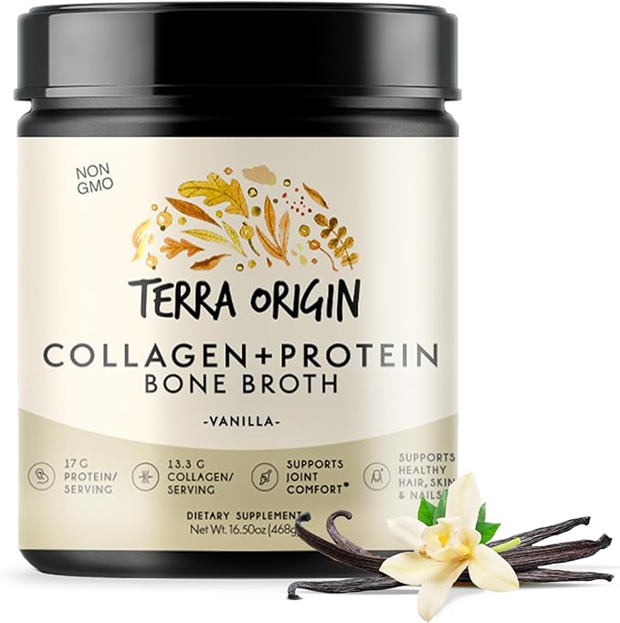TERRA ORIGIN Collagen Peptides Powder | Bone Broth Hydrolized Collagen Type I and III Protein Supplement | for Women and Men Hair Skin Nail and Joint Support | Vanilla (20 Servings)