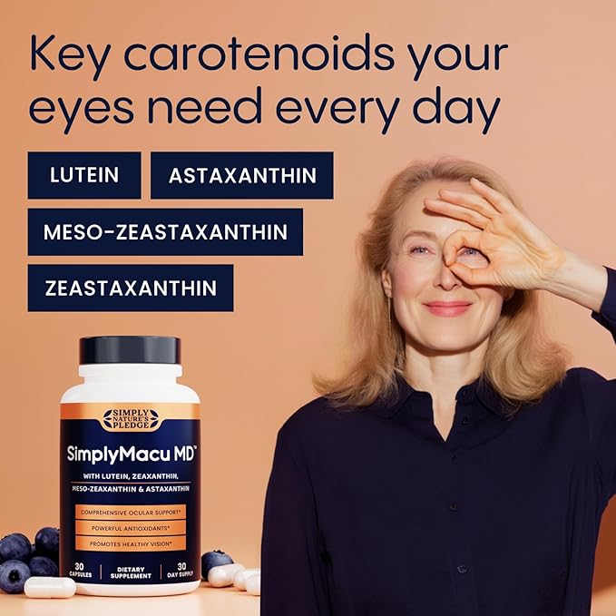 Simply Macu MD – Advanced Vision Support Supplement with Lutein Zeaxanthin Meso-Zeaxanthin &amp Astaxanthin – Bilberry Extract – Vegan Non-GMO Gluten Free – 90 Day Supply (90 Capsules)