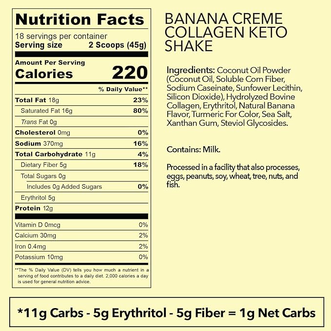 Keto Collagen Shake (Vanilla) - with Coconut Oil Prebiotics Grass Fed Hydrolyzed Collagen Peptides Type I &amp III Low Carb Gluten Free1.78lbs. (810g Banana Creme)