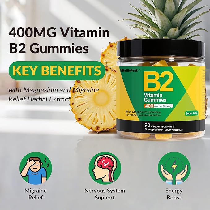 Riboflavin Vitamin B2 Gummies 400mg for Adults &amp Kids | Migraine Supplement with Magnesium Turmeric Cayenne Pepper Butterbur for Energy &amp Nervous Support | Vegan Sugar Free 90 Count